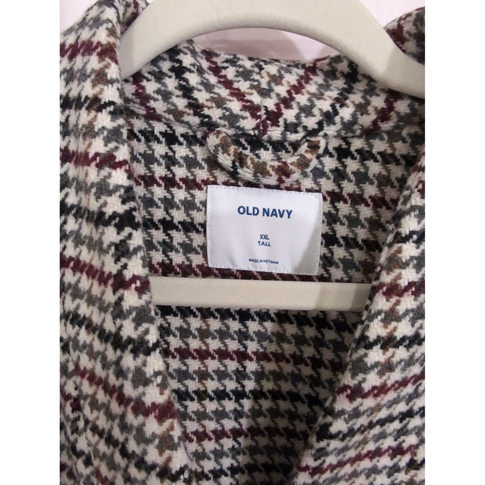 Old Navy Houndstooth Wool Blend Long Coat XXL Tall Burgundy Black White